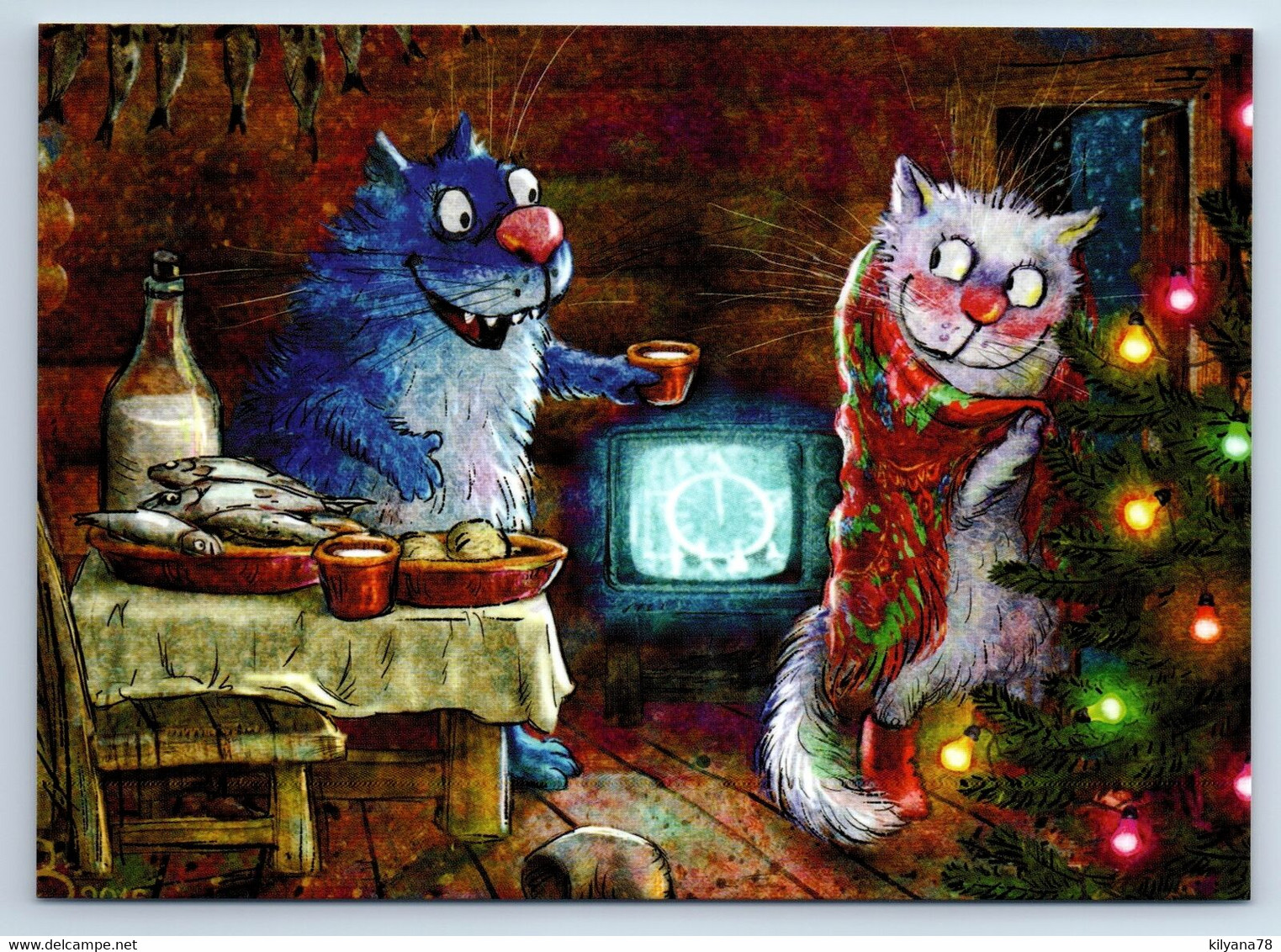 CATS Christmas EVE TV Tree FUNNY By Zeniuk New Unposted Postcard - Sonstige & Ohne Zuordnung