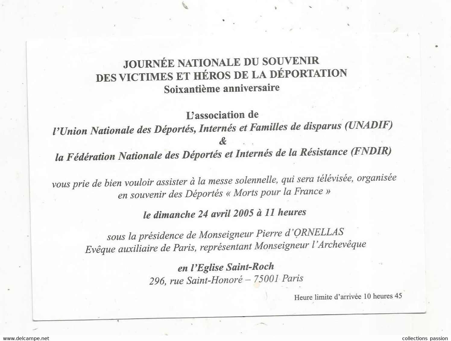 60 E Anniversaire, Journée Nationale Du Souvenir Des Victimes Et Héros De La Déportation, église St Roch ,Paris,2005 - Programmes