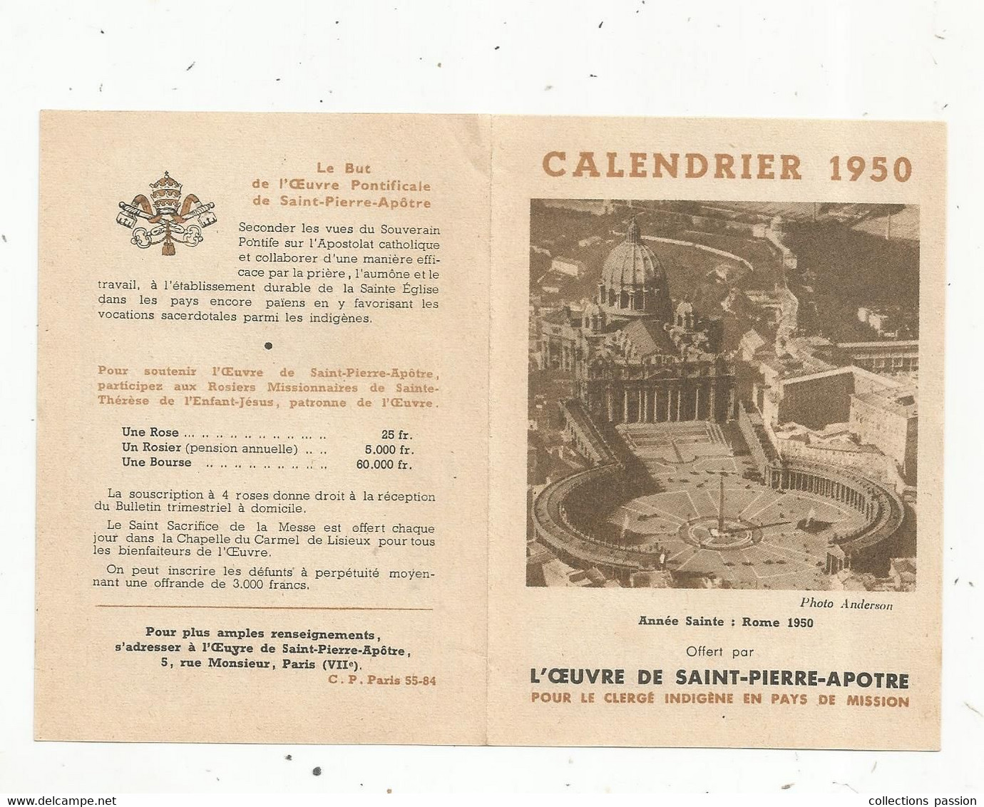 Calendrier ,petit Format , 1950 , Religion , L'OEUVRE DE SAINT-PIERRE-APOTRE Pour Le Clergé Indigéne , 2 Scans - Klein Formaat: 1941-60