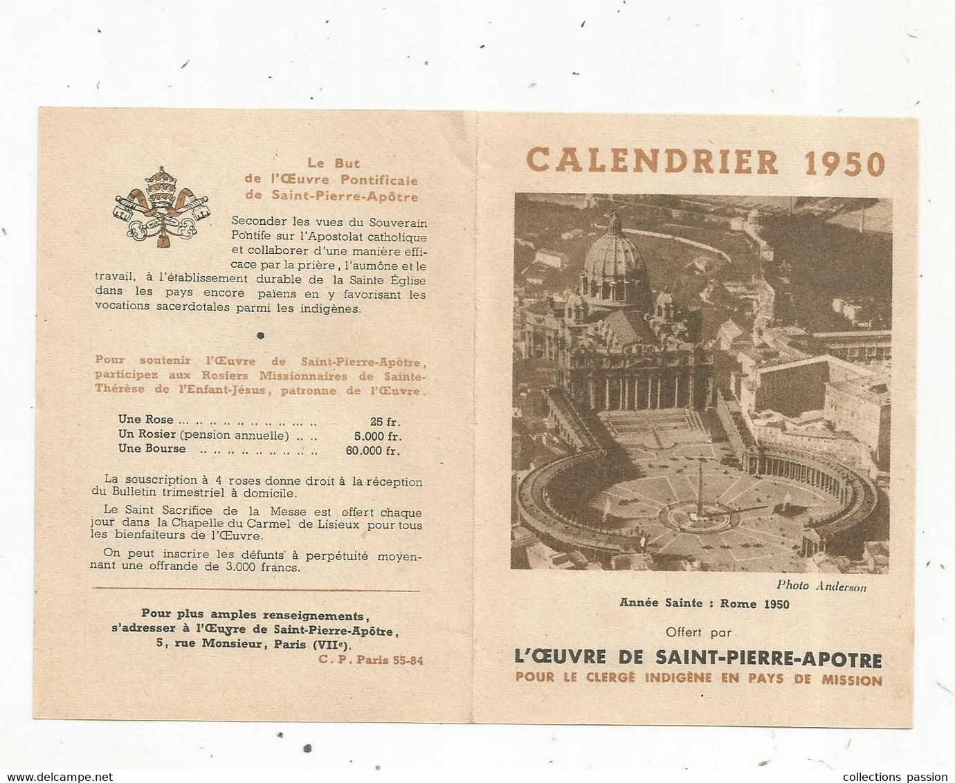 Calendrier ,petit Format , 1950 , Religion , L'OEUVRE DE SAINT-PIERRE-APOTRE Pour Le Clergé Indigéne , 2 Scans - Small : 1941-60