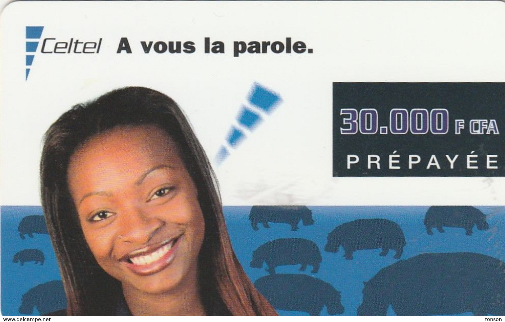 Gabon, GA-CEL-REF-0011?, 30.000F CFA, Girl And Hippopotamuses, Exp. 02/2002, 2 Scans.  Not In Colnect Catalogue - Gabon