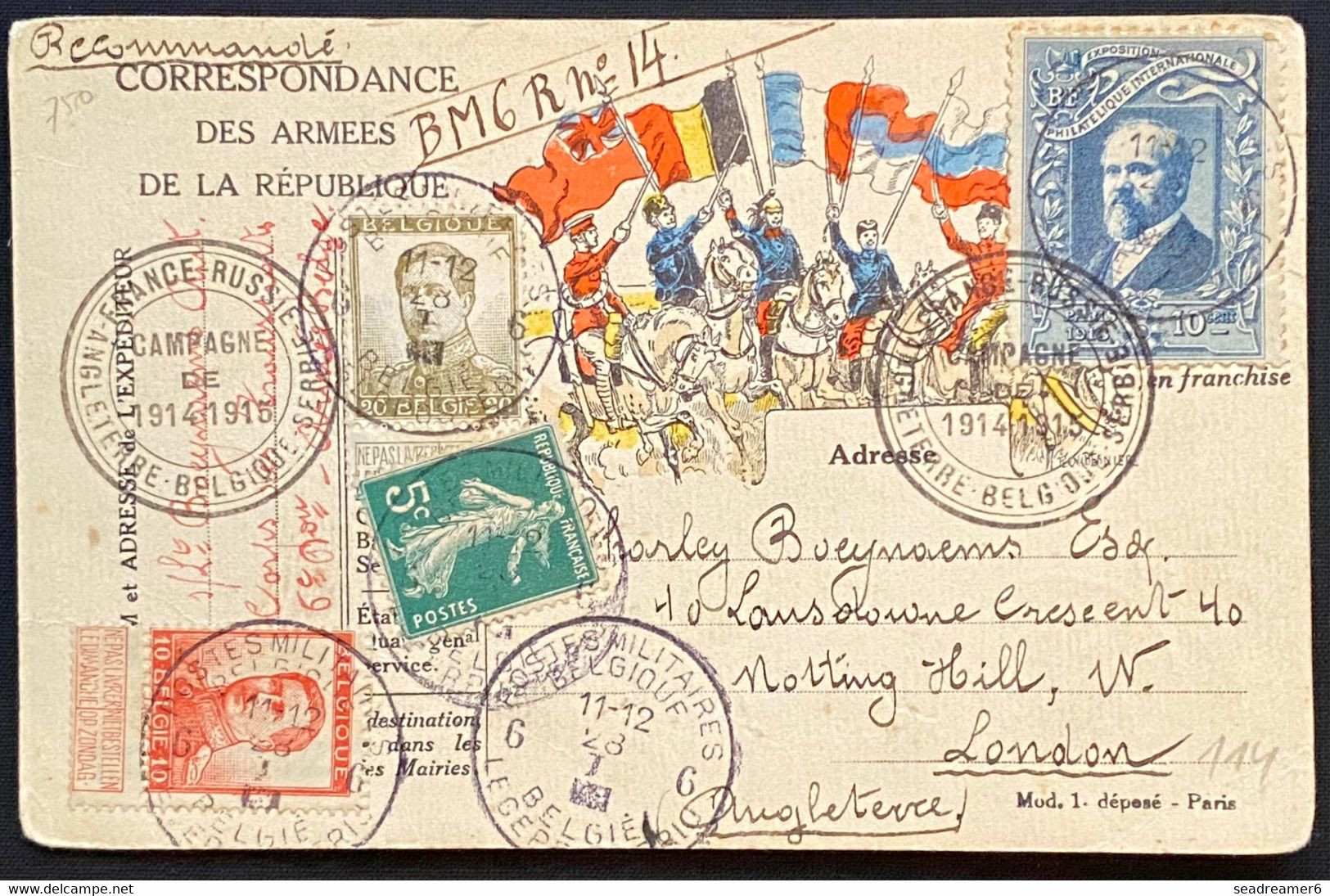 Belgique Carte Recommandée Mixte Timbres Belges & Semeuse Français Obl " 6 Postes Militaires Belgique 6 "pour Londres - Armée Belge