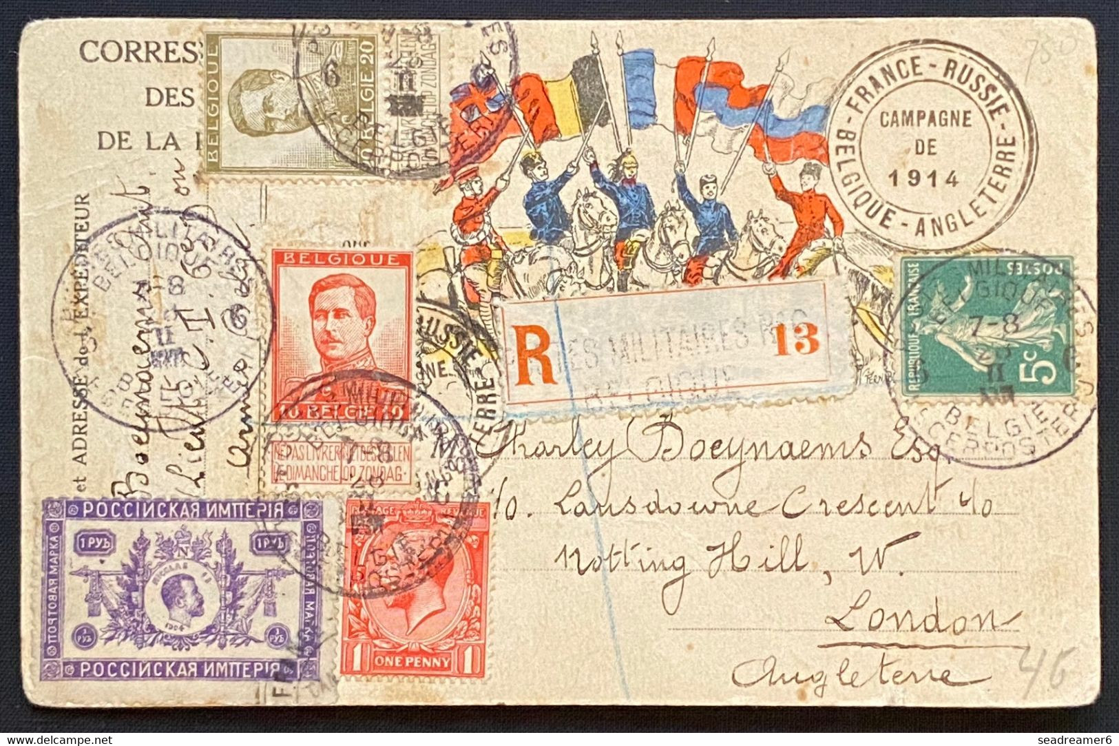 Belgique Carte Recommandé Mixte Anglais, Belges, Russe & Français Obl " 6 Postes Militaires Belgique 6 "pour Londres - Belgische Armee