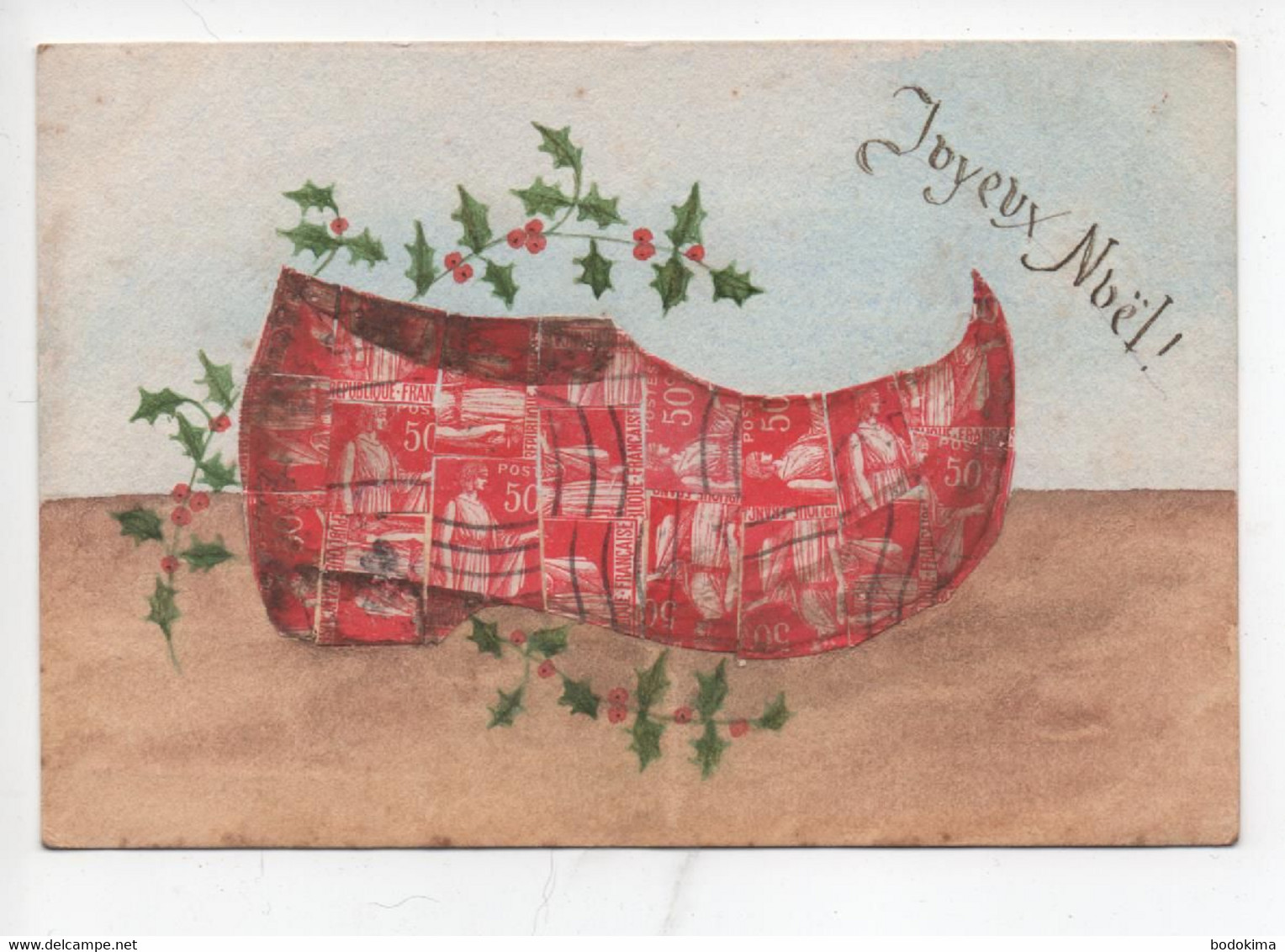 " Joyeux  Noel  "   -  Peint à La Main Et  Dessin  D,un  Grand  Sabot   Fait  Avec  Les  Timbres Postes Decoupé - Sonstige & Ohne Zuordnung