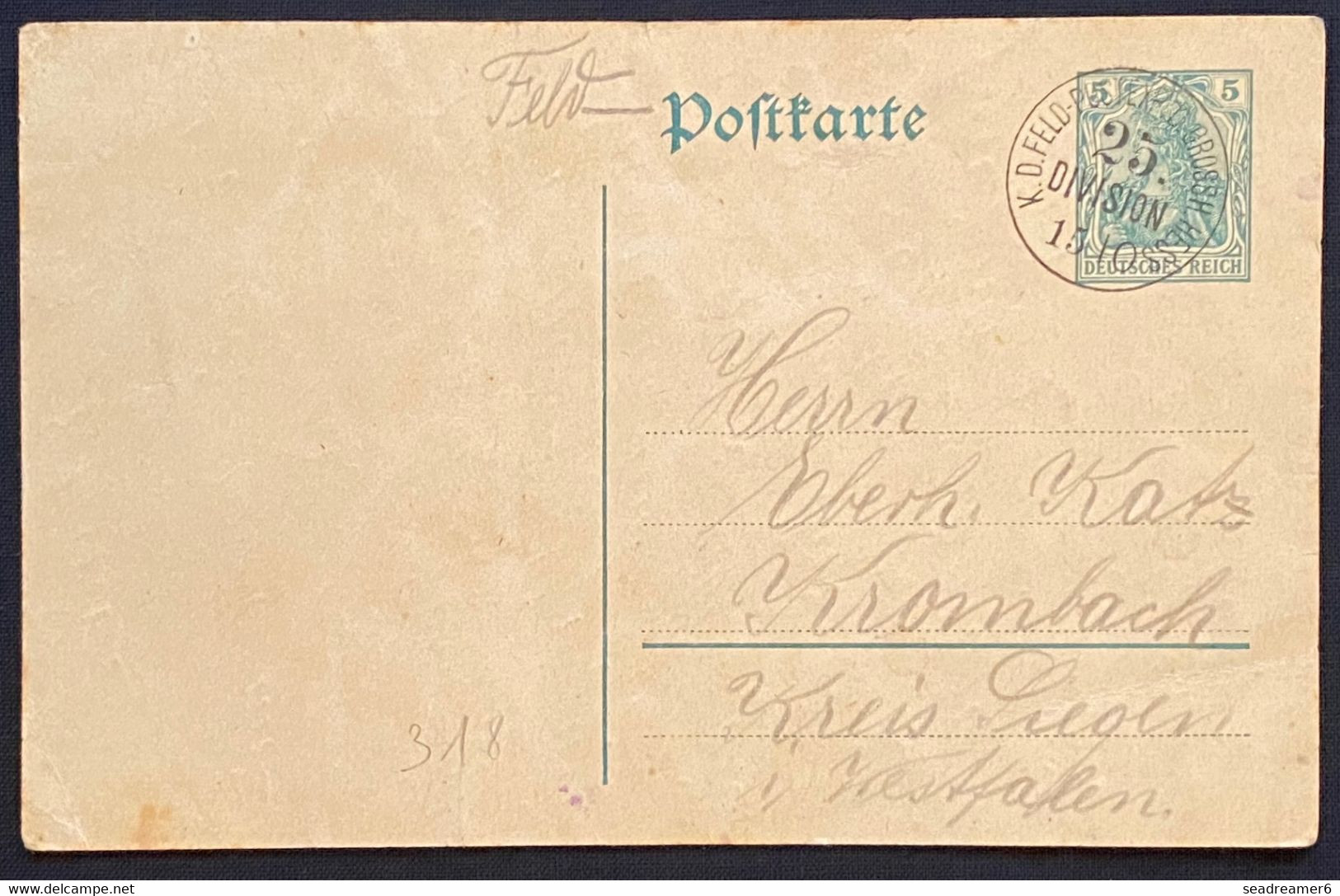 Belgique Entier Carte Allemand Obl Cachet "Feldpost Exp.d Grossh Hess" 25e Division Vers L'Allemagne RR - Belgisch Leger