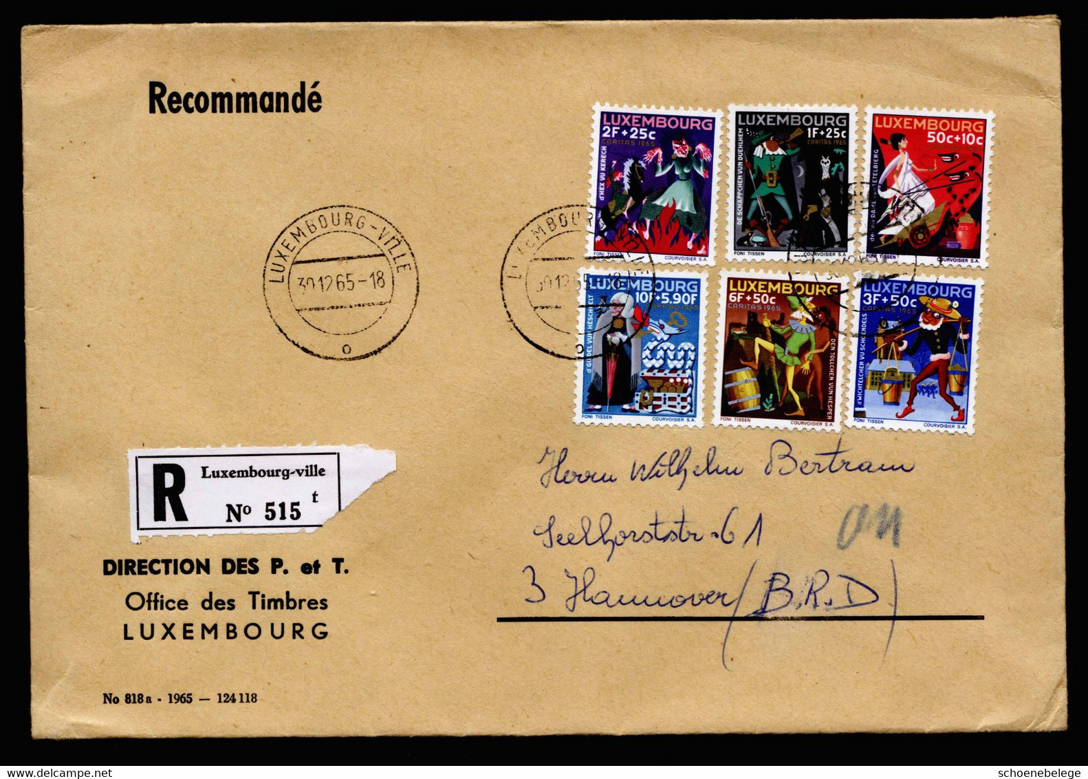 A6905) Luxemburg R-Brief 30.12.65 N. Hannover V. Versandstelle Für Briefmarken Bei Der Postdirektion Von Luxemburg - Cartas & Documentos