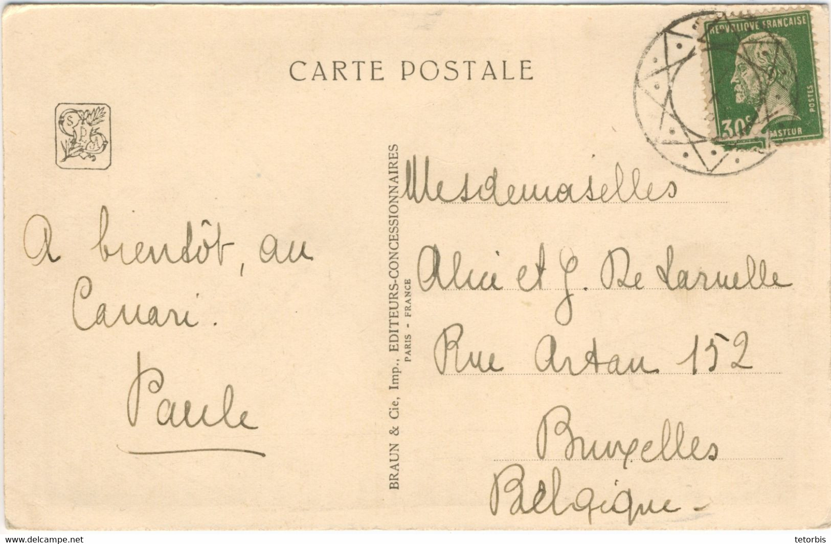 30C PASTEUR CARTE POSTALE POUR LA BELGIQUE ANNULATION DIAMANT BELGE - 1921-1960: Moderne