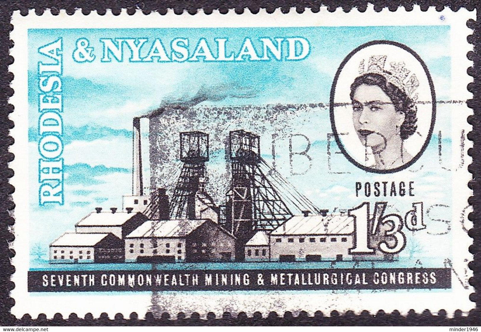 RHODESIA & NYASALAND 1961 QEII 1/3 Black & Light-Blue SG39 FU - Rhodésie & Nyasaland (1954-1963)