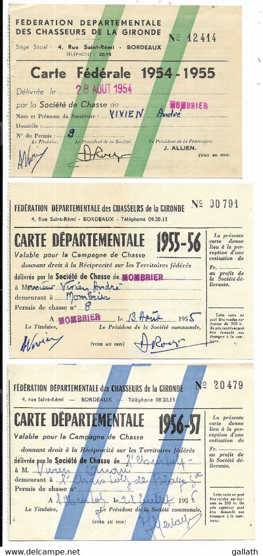 MOMBRIER-ST-CHRISTOLY-ST-SAVIN-DE-BLAYE (Gironde)-6 Cartes "PERMIS DE CHASSE" 1955/1959...(plis D'usage) - Other & Unclassified