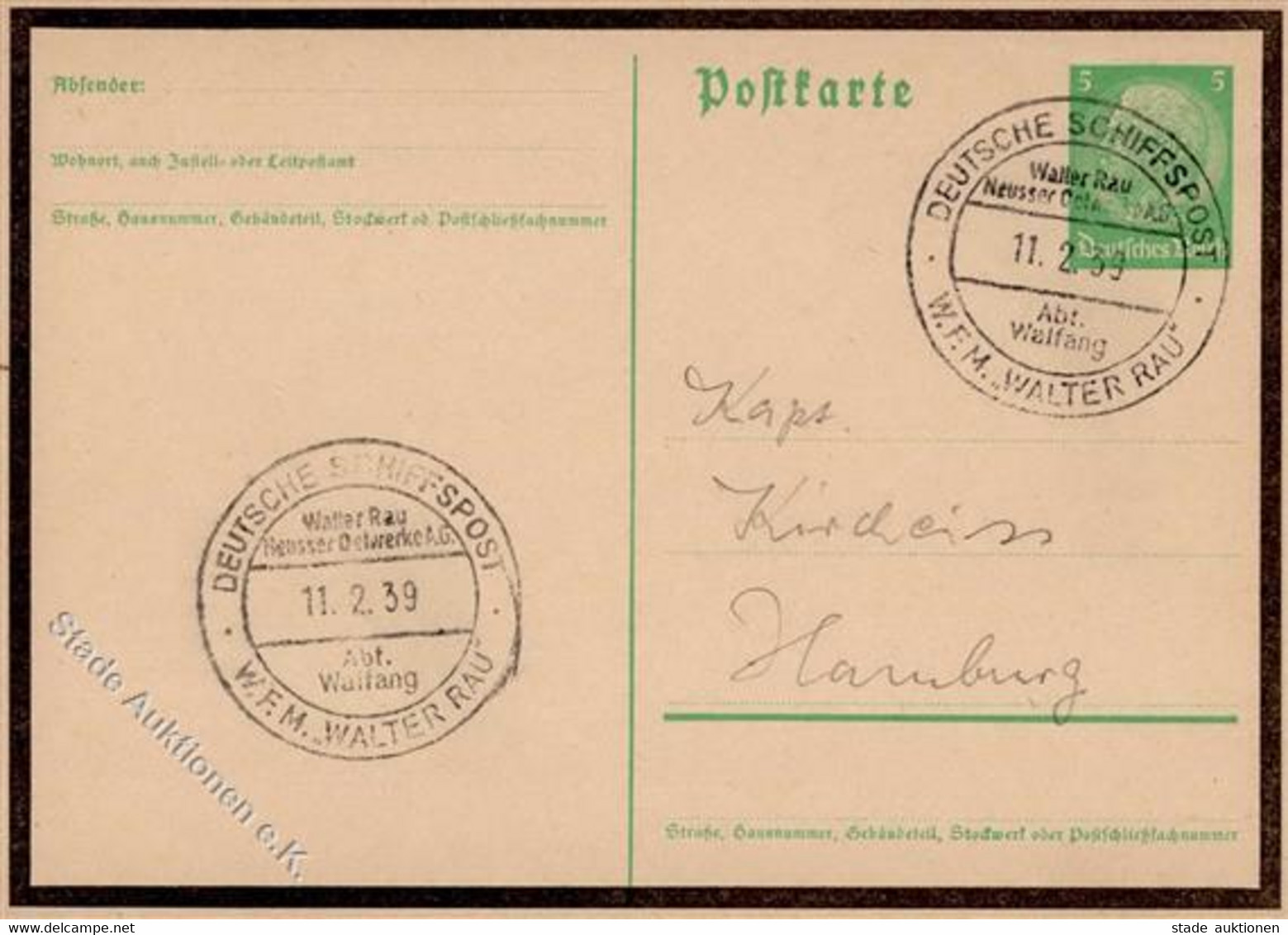 Walfang Stempel Deutsche Schiffspost W.E.M. Walter Rau Walter Rau Neusser Oelwerke AG 11.2.39 Abt. Walfang Ganzsache I-I - Otros & Sin Clasificación