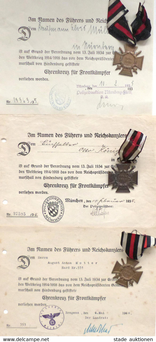 WK I Orden Ehrenkreuz Für Frontkämpfer Lot Mit 3 Orden Und 3 Verleihungsurkunden I-II - Weltkrieg 1914-18