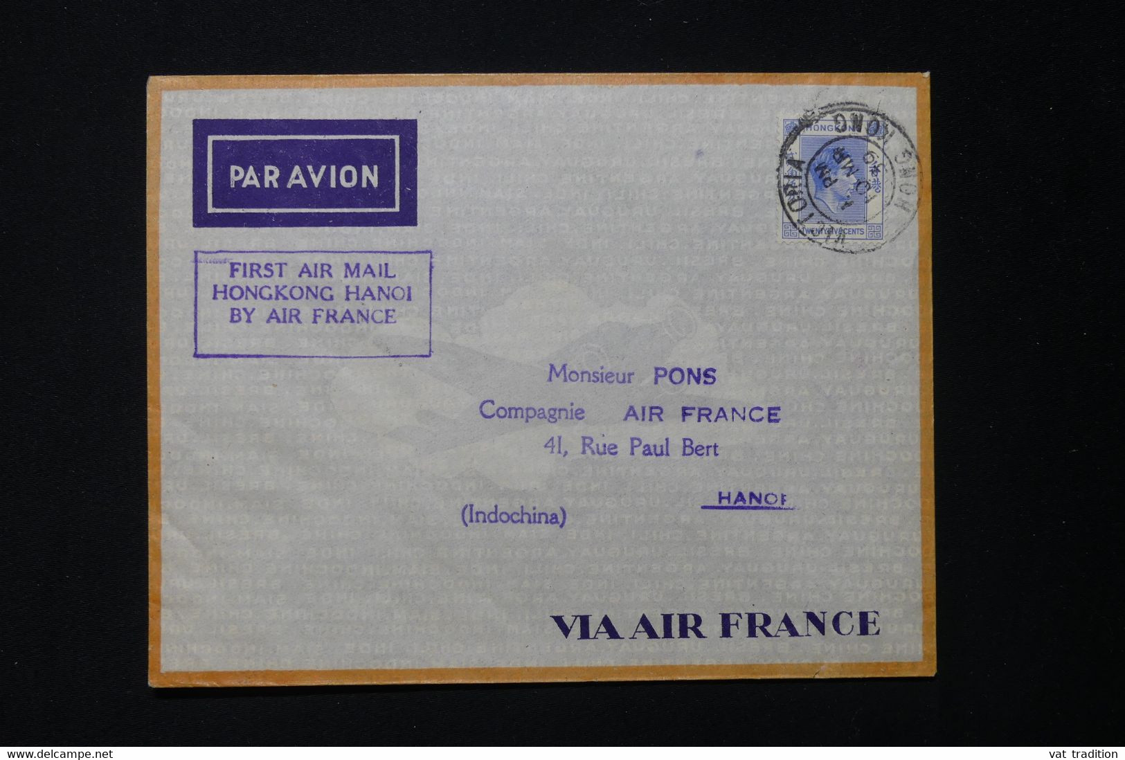 HONG KONG - Enveloppe 1er Vol Hong Kong / Hanoï En 1939 Par Air France - L 82459 - Covers & Documents