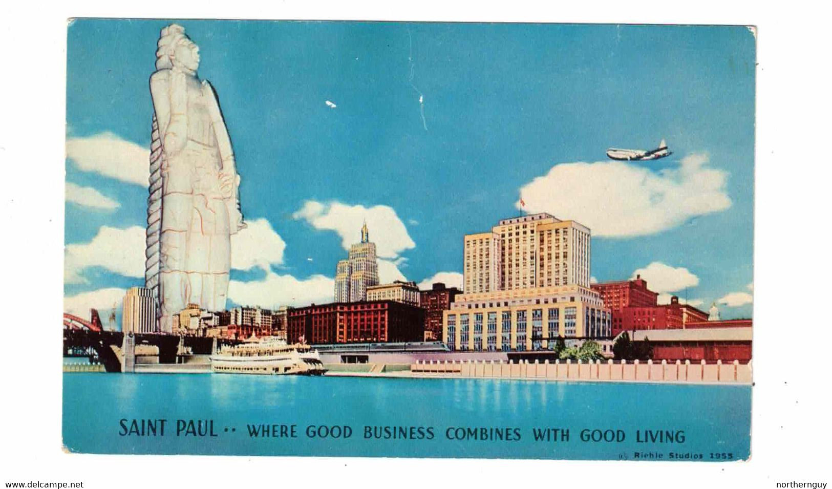 ST. PAUL, Minnesota, USA, Exaggeration, "World's Tallest Indian" Statue, Airplane, Old Chrome Postcard - St Paul