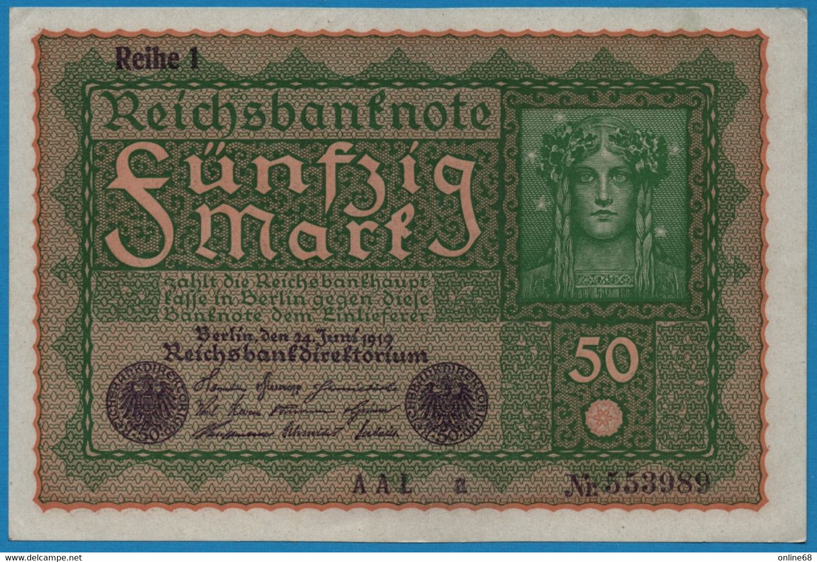 DEUTSCHES REICH 50 Mark  24.06.1919 Série AAL A # 553989 P# 66 Reihe 1 - 50 Mark