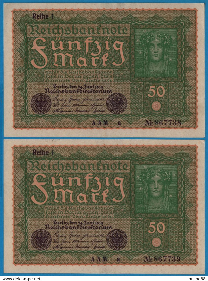 DEUTSCHES REICH 2 X 50 Mark  24.06.1919 Série AAM A # 867738+39 P# 66 Reihe 1 - 50 Mark