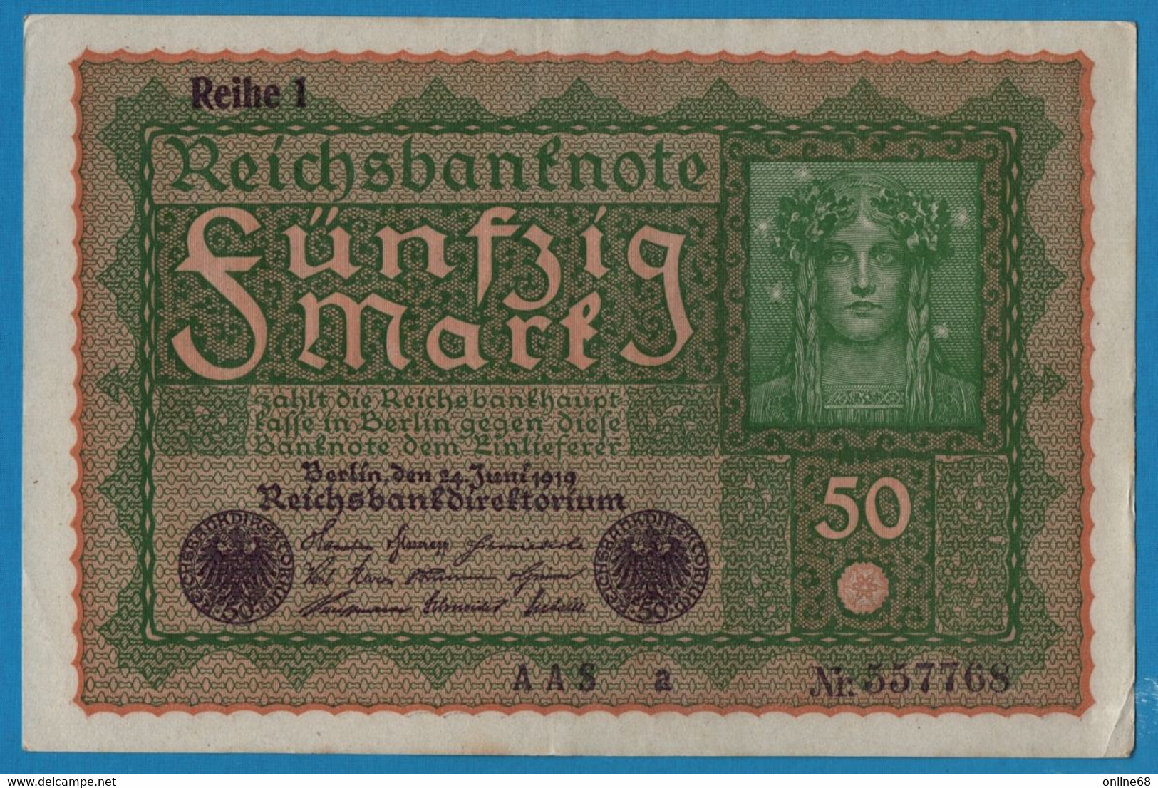 DEUTSCHES REICH 50 Mark  24.06.1919 Série AAS A # 557768 P# 66 Reihe 1 - 50 Mark