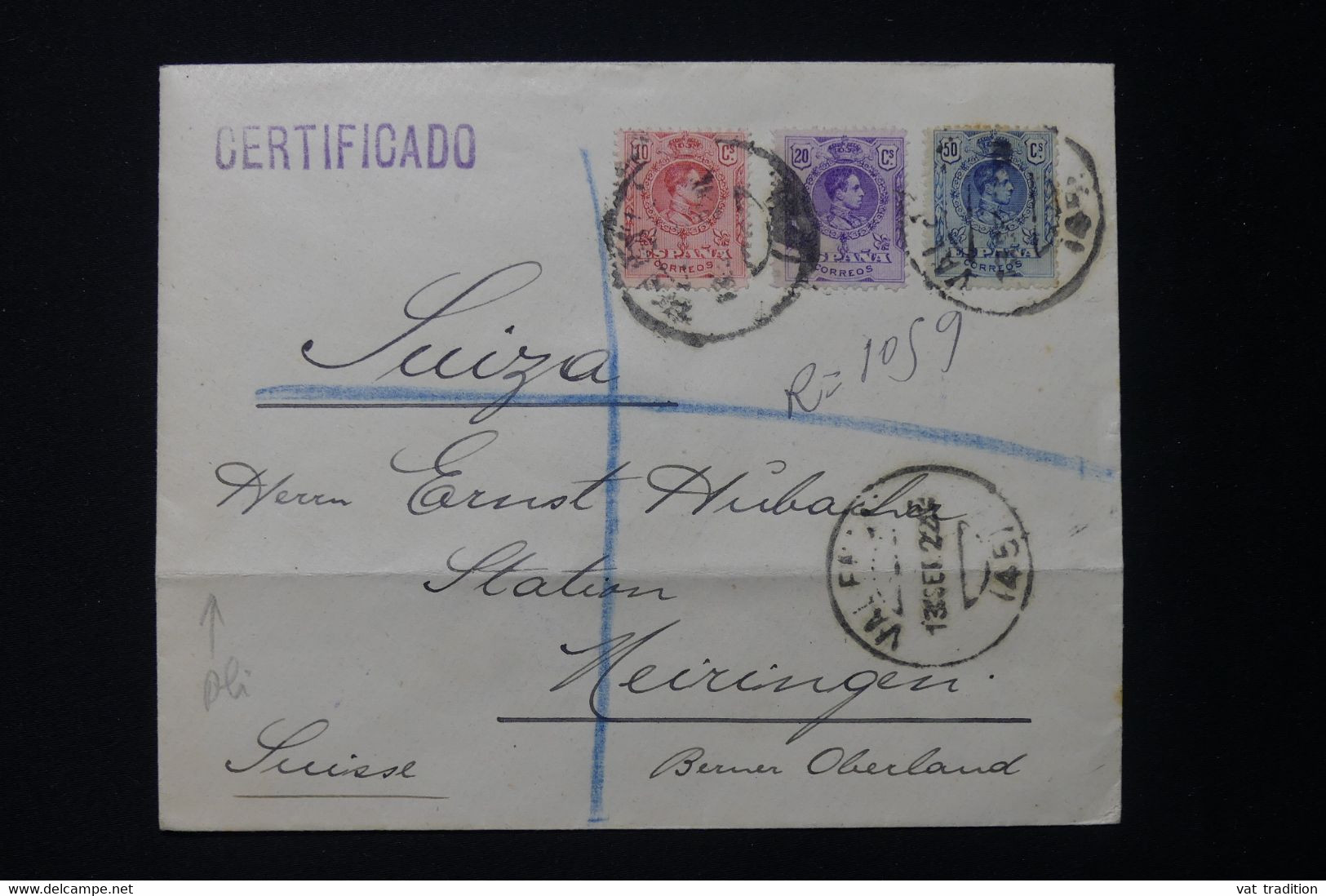 ESPAGNE - Enveloppe En Recommandé De Valencia Pour La Suisse En 1922, Affranchissement Tricolore - L 82487 - Otros & Sin Clasificación