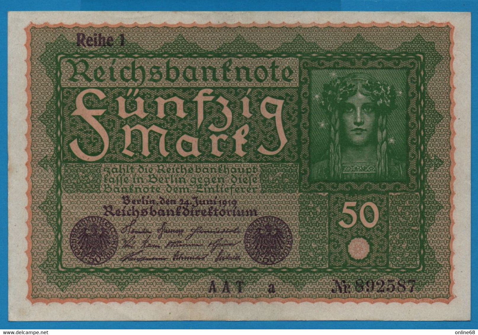 DEUTSCHES REICH 50 Mark  24.06.1919 Série AAT A # 892587 P# 66 Reihe 1 - 50 Mark