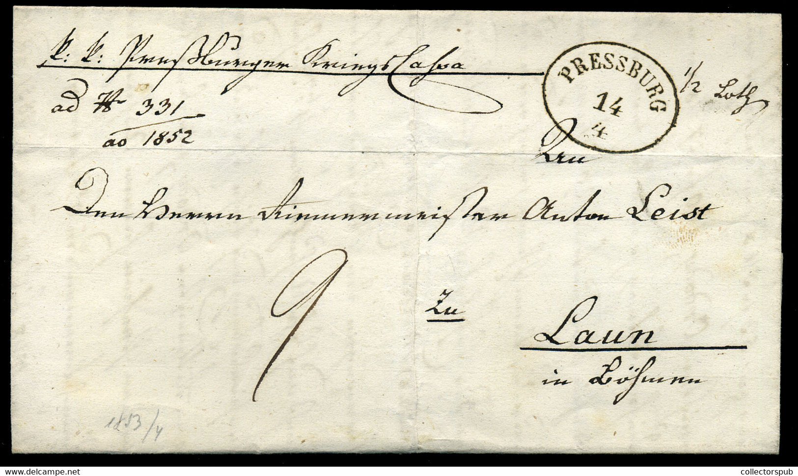 POZSONY 1851. Levél , Tartalommal , 9Kr Portóval Laun-ba Küldve  /  Letter , Cont, 9Kr Postage Due To Laun - ...-1867 Préphilatélie