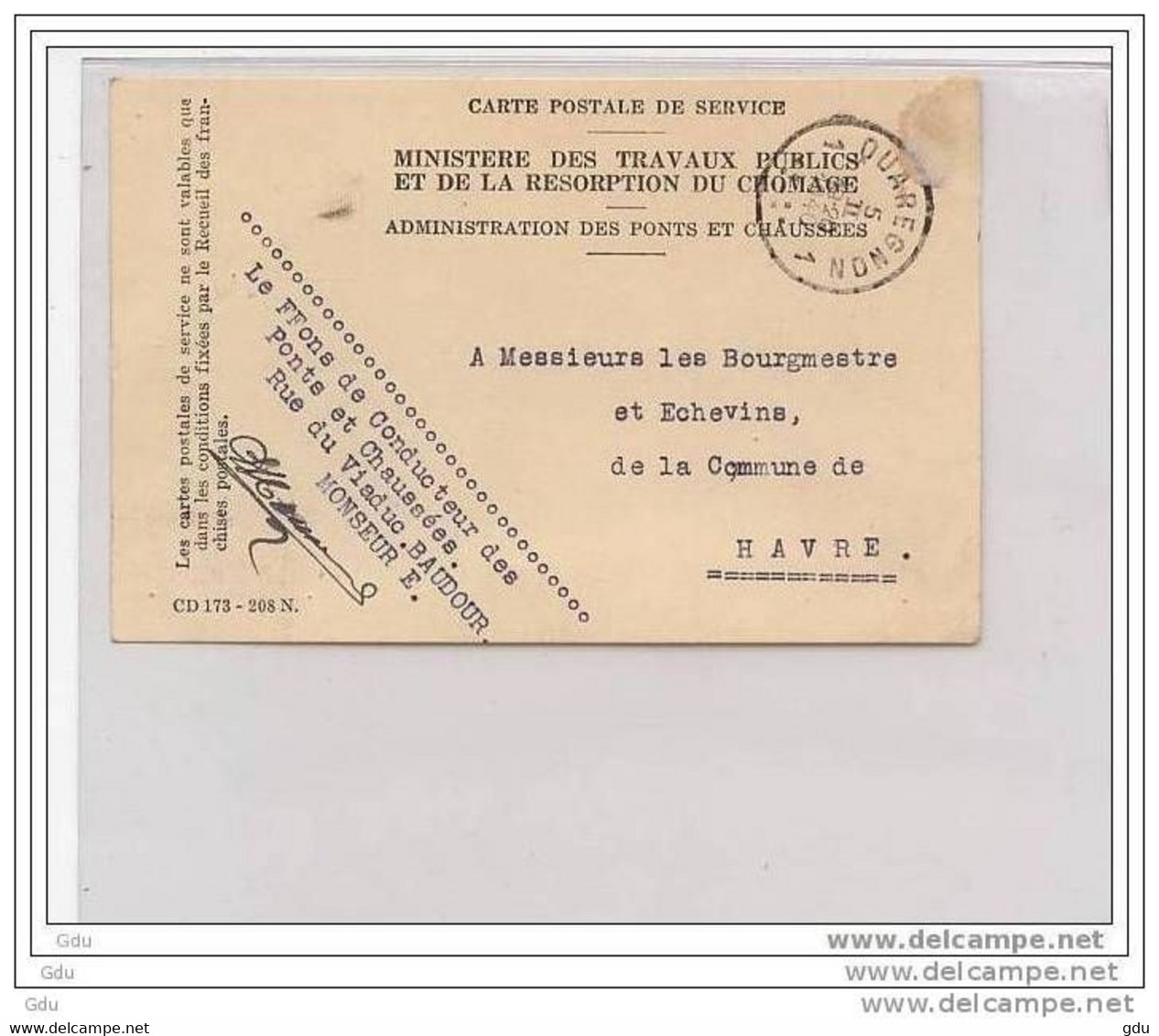 C.P. Service Travaux Pubics - Quaregnon 1940 - Quaregnon