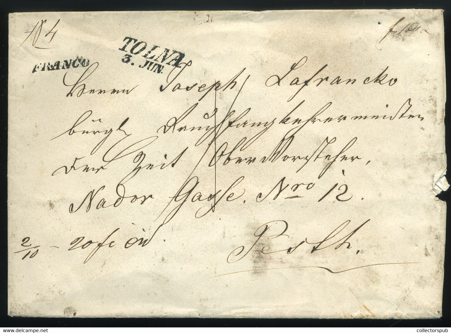 TOLNA 1859. Régi értéklevél Pestre Küldve, Szép Viasz Pecséttel     ##  /  TOLNA 1859 Vintage Money Letter To Pest Nice - ...-1867 Préphilatélie