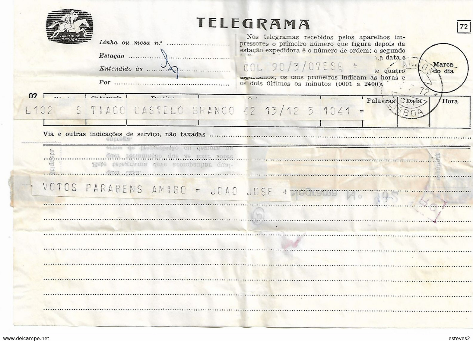 Telegrama , Telegram , From Castelo Branco To Lisboa , 1972 , ANJOS Postmark , RC - Briefe U. Dokumente