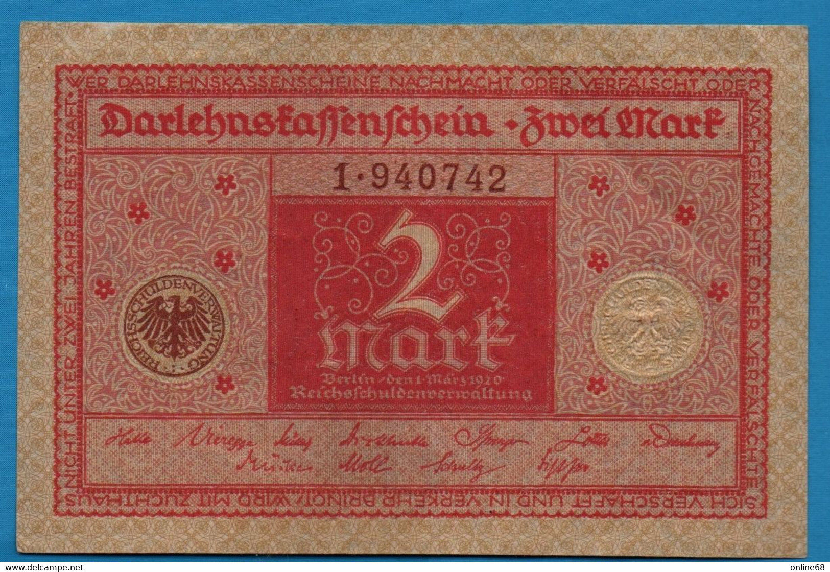 DEUTSCHES REICH 2 X 2 Mark	01.03.1920	Série # 1. 940741+42   P# 59	DARLEHENSKASSENSCHEIN - Reichsschuldenverwaltung