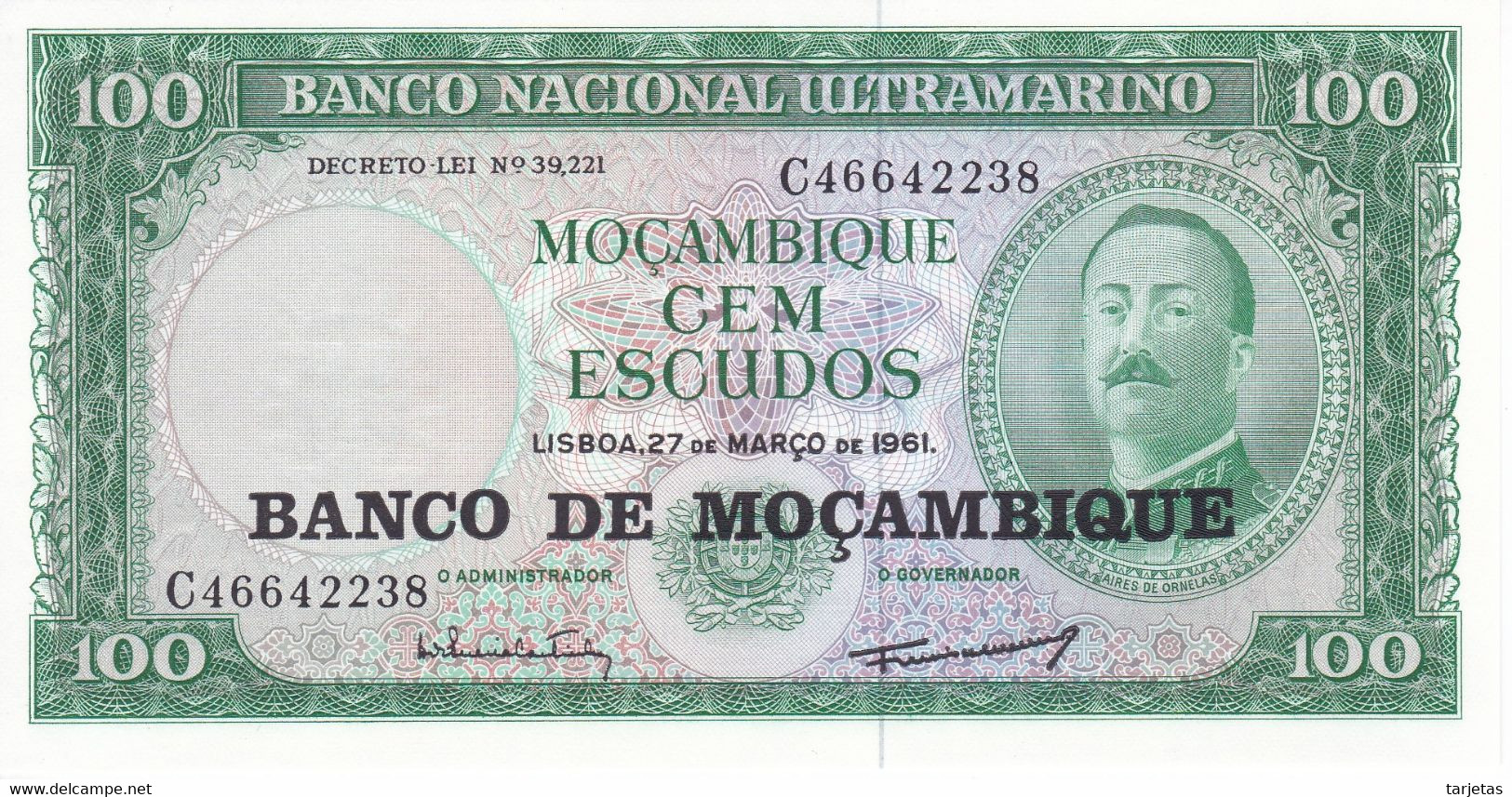 BILLETE DE MOZAMBIQUE DE 100 ESCUDOS DEL AÑO 1961 SIN CIRCULAR  (BANK NOTE) UNCIRCULATED - Mozambique