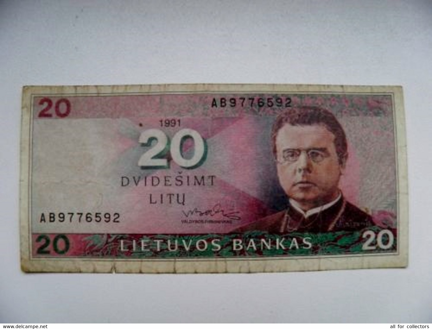 Banknote Lithuania 20 LITU P-48 1991 Poet Maironis Kaunas Liberty Statue Museum Of History AA Serial Number - Lithuania