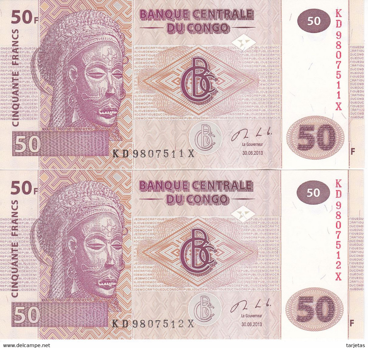 PAREJA CORRELATIVA DE EL CONGO DE 50 FRANCS DEL AÑO 2013 SIN CIRCULAR (BANK NOTE) UNCIRCULATED - República Del Congo (Congo Brazzaville)