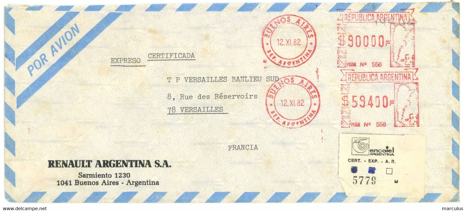 ARGENTINE EMA 1982  Env. De RENAULT ARGENTINA SA - Vignettes D'affranchissement (Frama)
