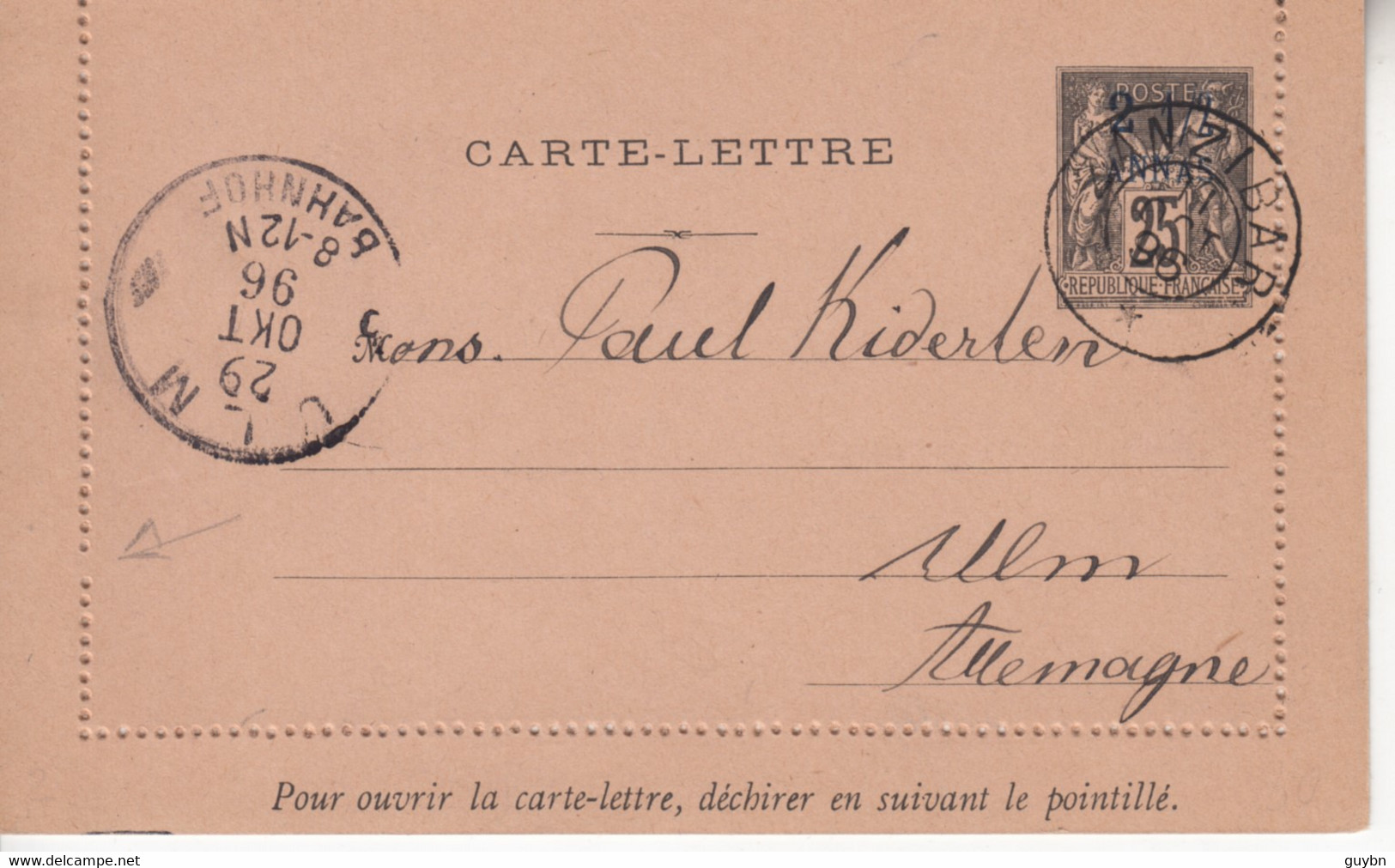 < Zanzibar France Entier Carte Lettre 25c Sage Surchargé Zanzibar ACEP CL 1  .. Ulm Allemagne Au Recto .. Supetbe - Lettres & Documents