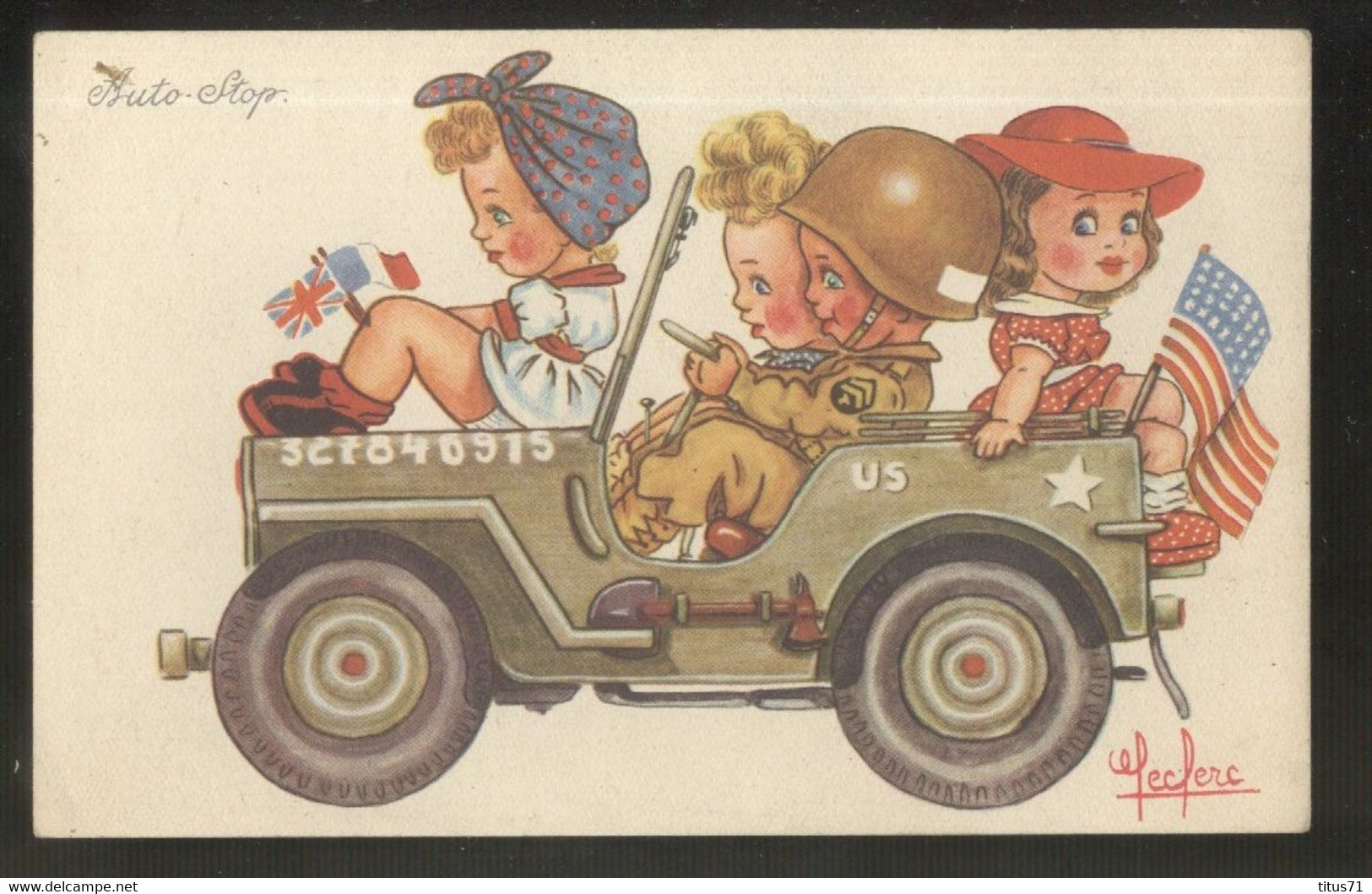 CPA Illustrée Auto-Stop - Illustrateur Leclerc - Circa 1944 - Leclerc