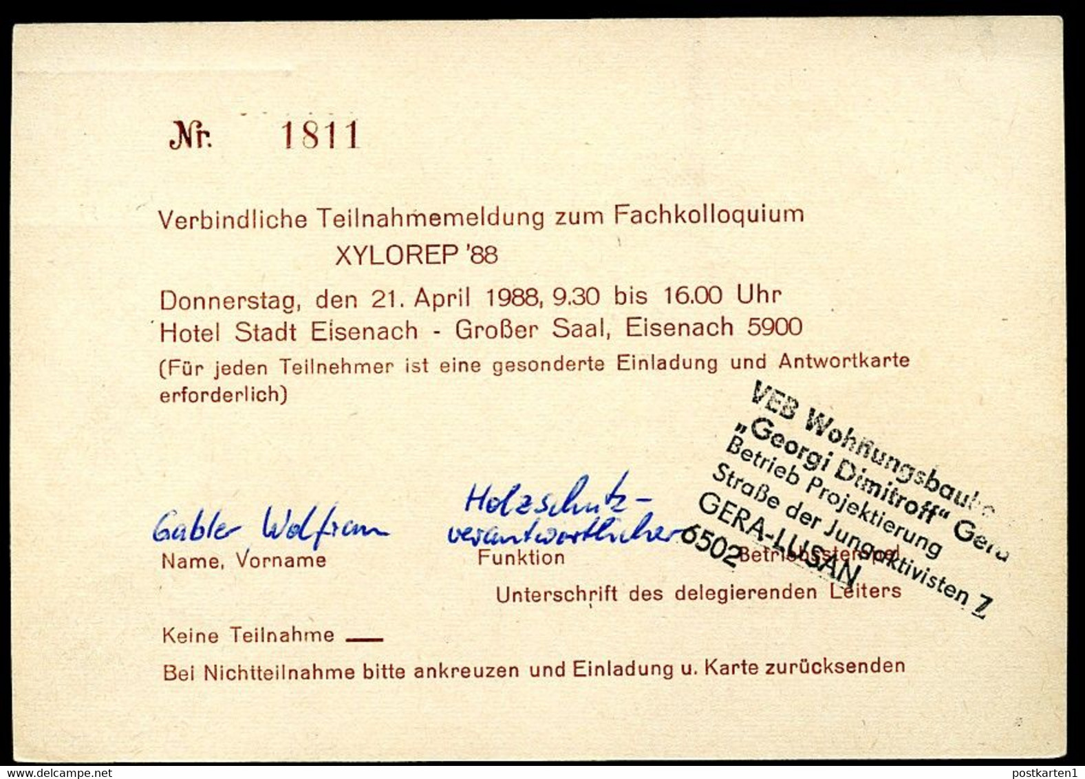 DDR P86II-8b-88 C13 Fachkolloquium Holzkonstruktionen ZWEITAUFLAGE Gebraucht 1988 - Private Postcards - Used