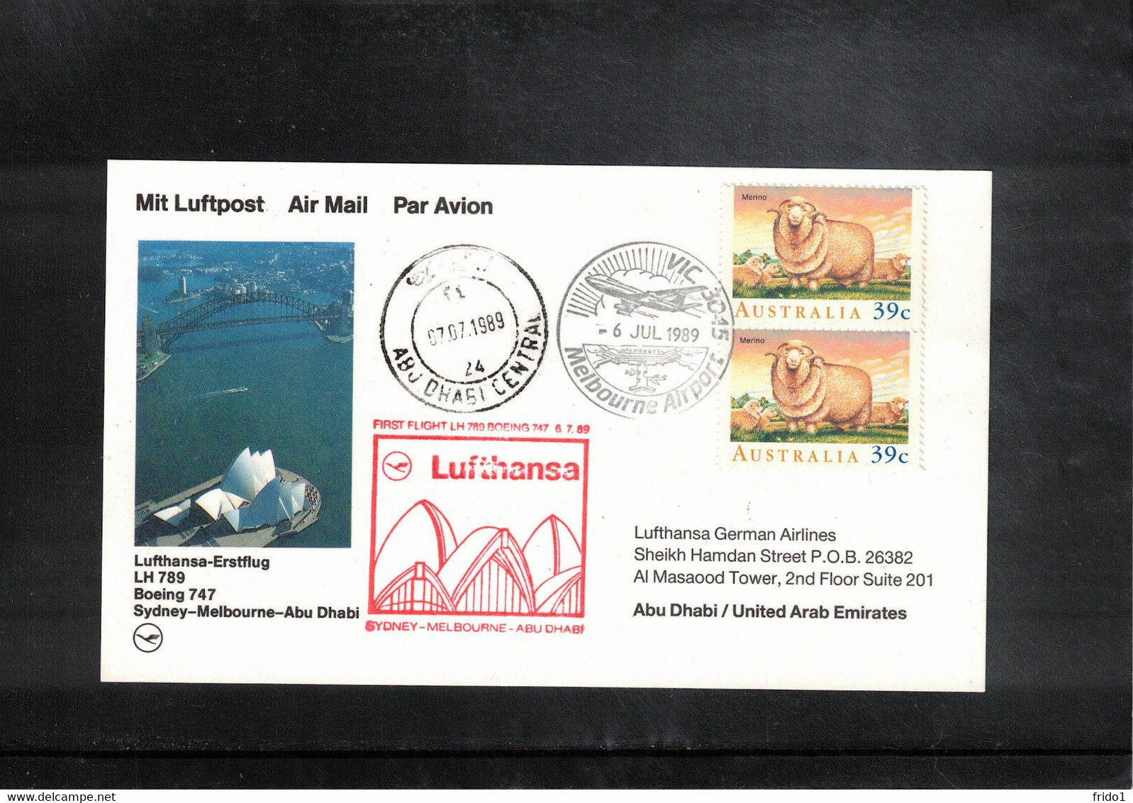 Australia 1989 Lufthansa First Flight Boeing 747 Melbourne - Abu Dhabi - Premiers Vols