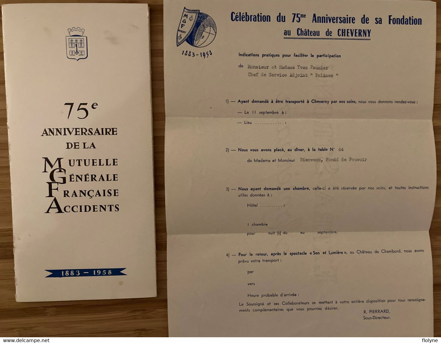 Menu - Programme - 75ème Aniversaire De La Mutuelle Générale Française Accident - MGFA - Château CHEVERNY 1958 - Menú