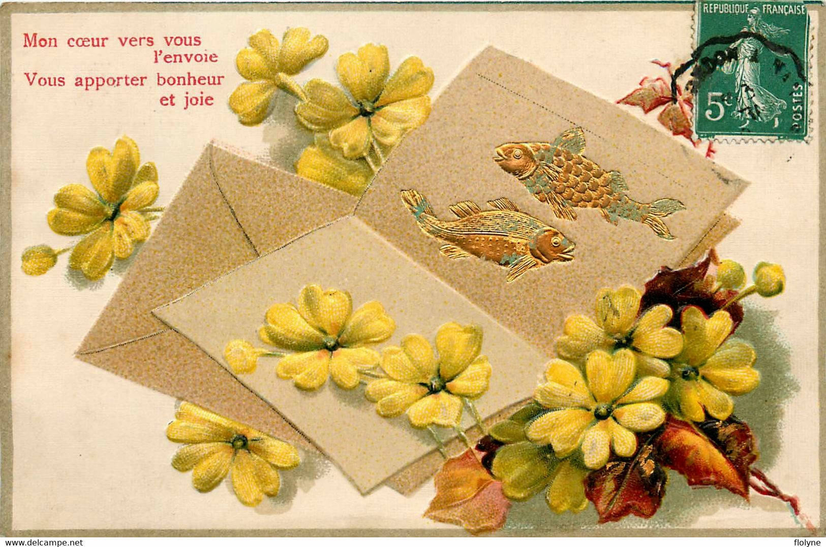 Thème Poissons - Fleurs - Cpa Gaufrée Embossed - " Fantaisie Joie Et Bonheur - Pescados Y Crustáceos