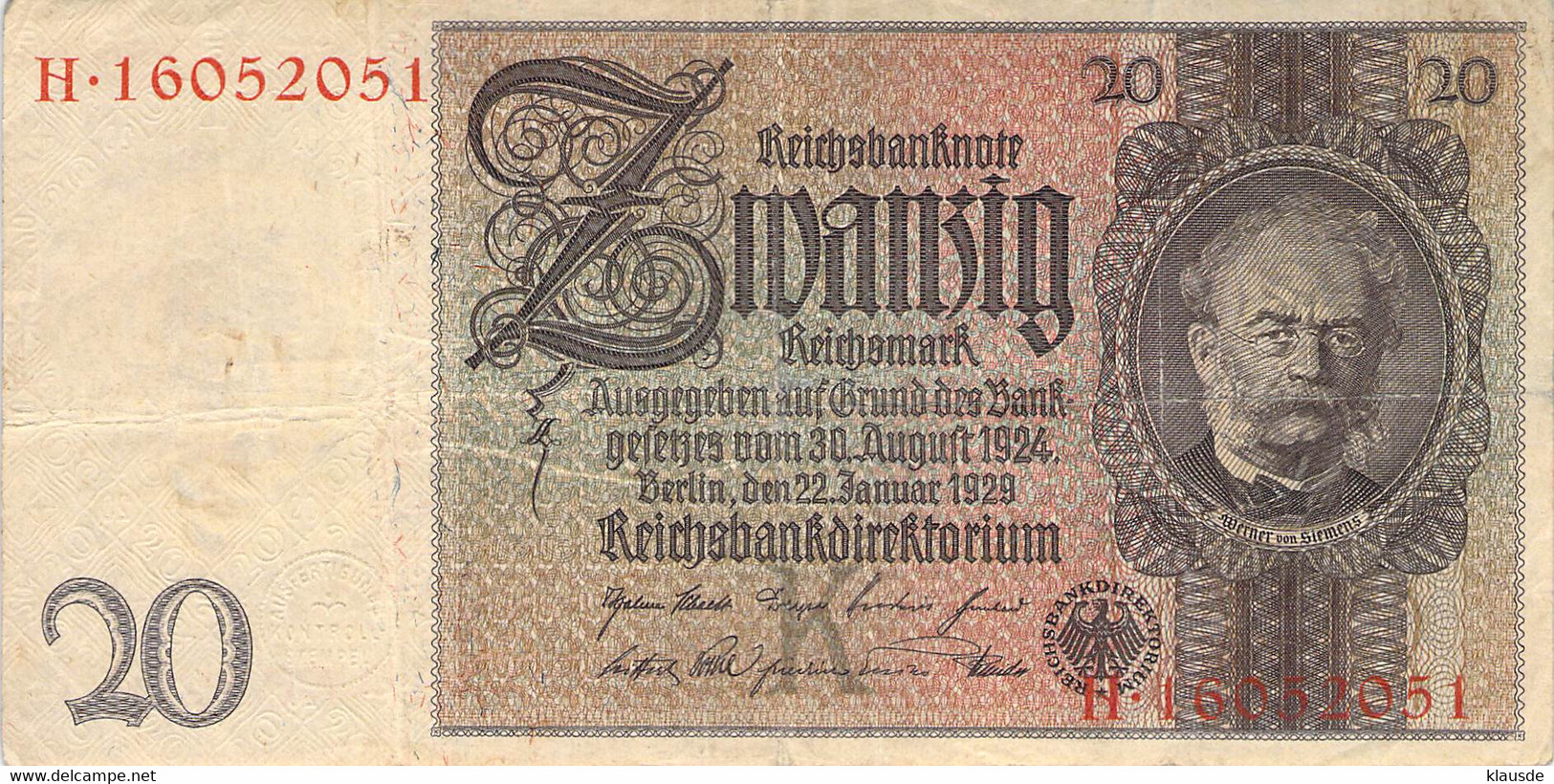 20 Mark Reichsbanknote 1924 VF/F (III) - 20 Mark