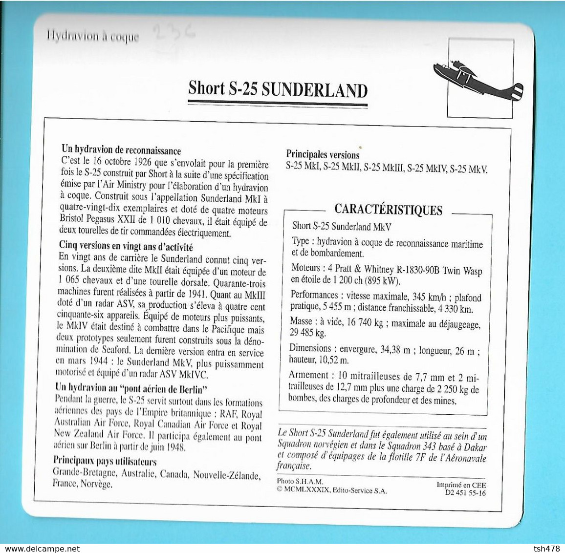 FICHE AVION---hydravion à Coque--GRANDE BRETAGNE---SHORT S.25 SUNDERLAND--voir 2 Scans - Vliegtuigen