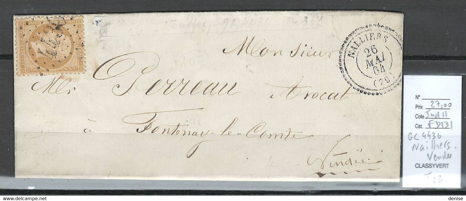 France - Lettre - GC 4436 - NAILLIERS En Vendée - Type 22 - 1864 - 1849-1876: Periodo Clásico