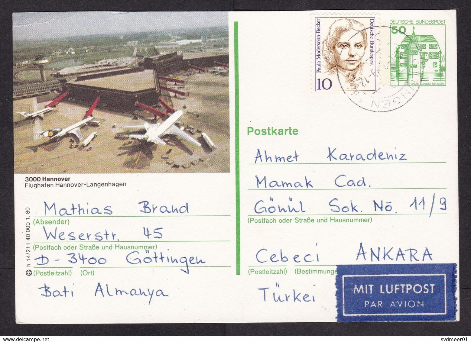 Germany: Stationery Postcard To Turkey 1989, Extra Stamp, Airport Hannover, Airplane Aviation, Air Label (traces Of Use) - Covers & Documents