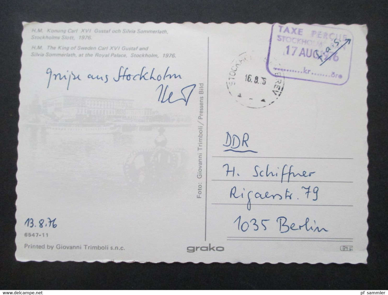 Schweden 1976 AK Royal Palace Stockholm Nach Berlin Gesendet Mit Gebühr Bezahlt Stempel / Taxe Percue Stockholm Ban - Covers & Documents