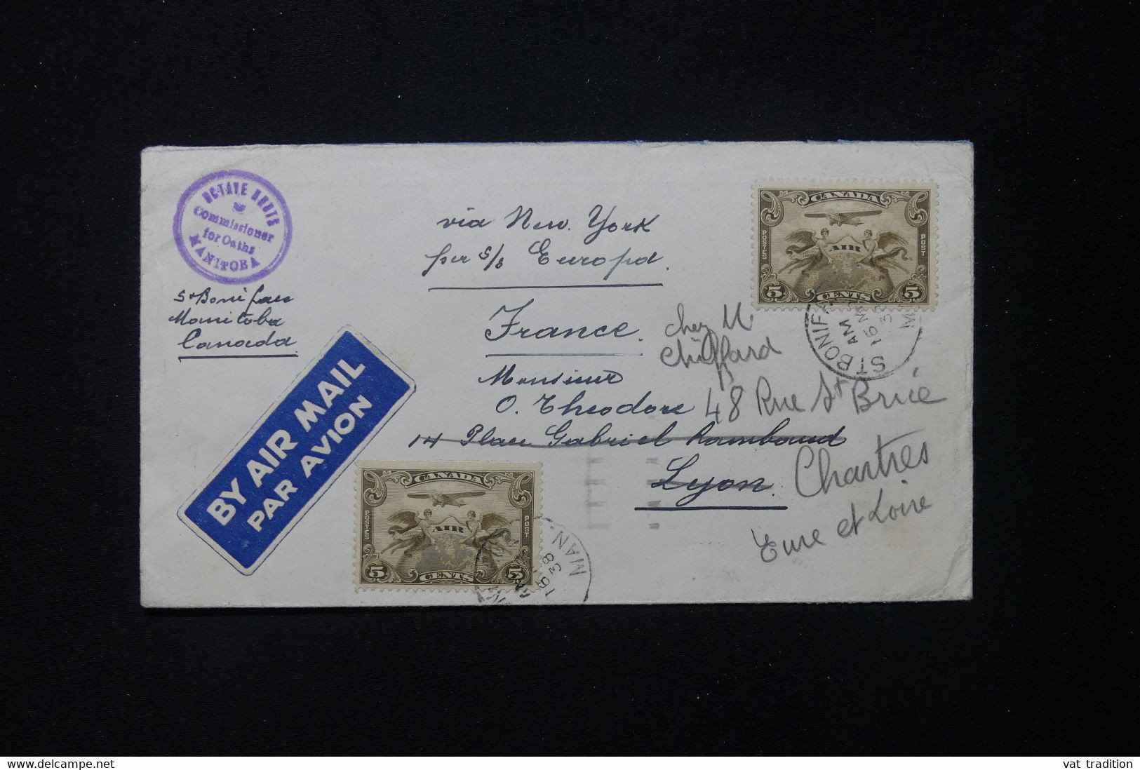 CANADA - Enveloppe De Manitoba Pour La France En 1938 Par Avion Via New York Par Le S/S Europa - L 82584 - Briefe U. Dokumente