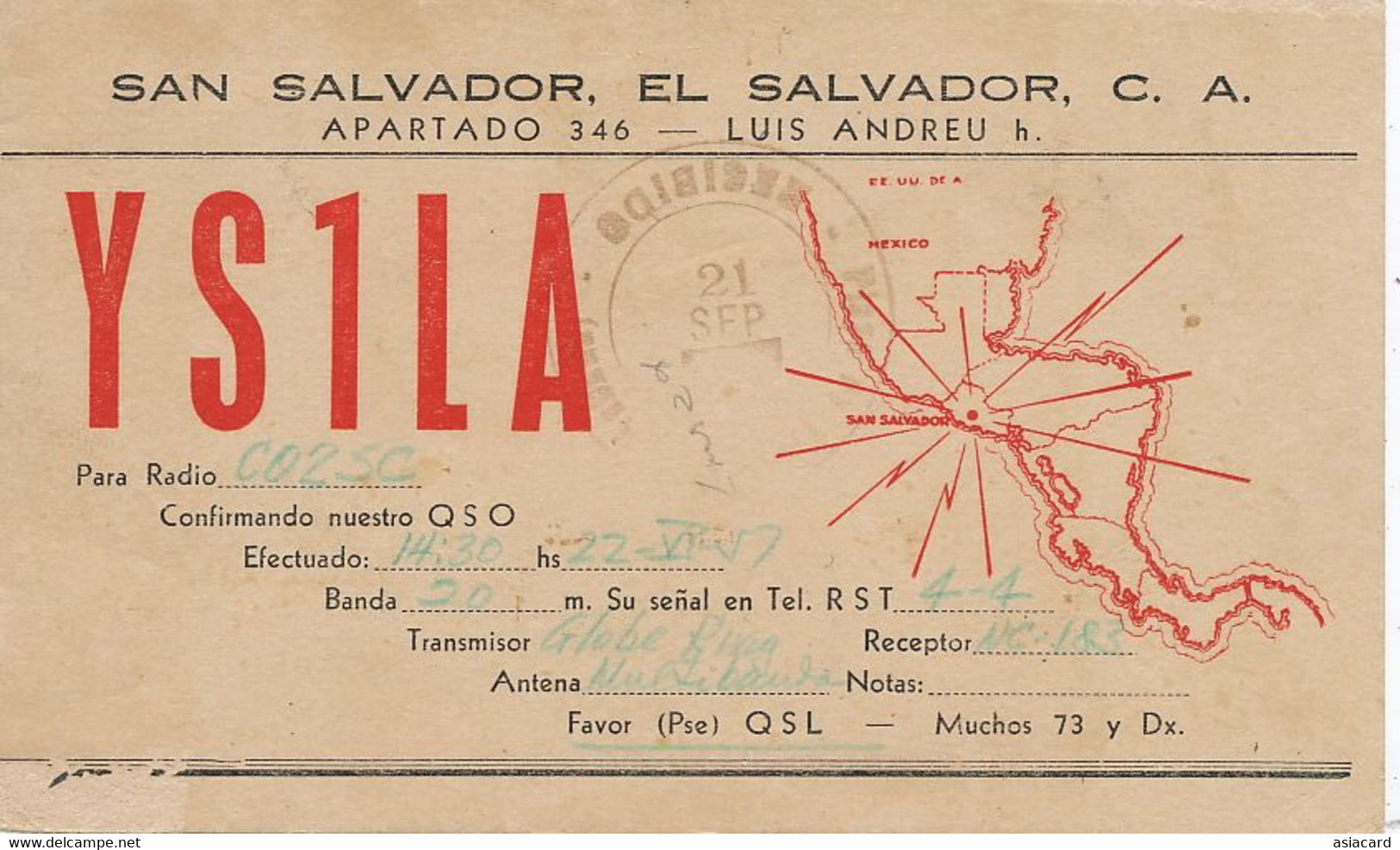 San Salvador QSL Card  P. Used To Cuba . 2 Stamps ; Luis Andreu. Map . Carte Geographique - El Salvador