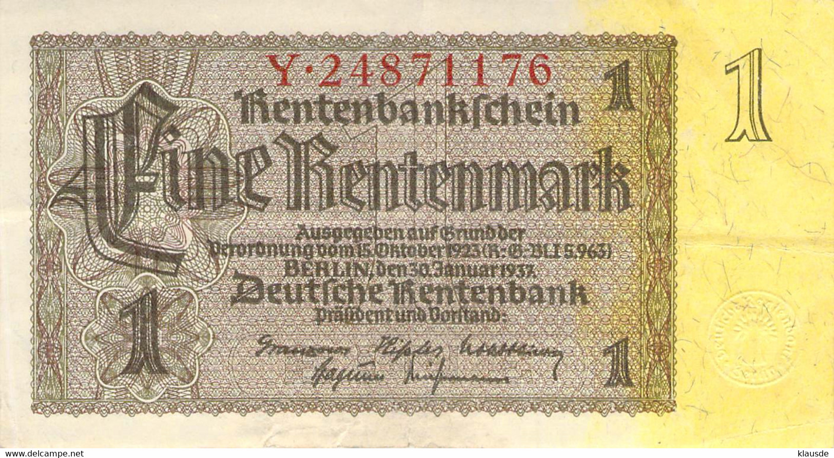 Deutschland 1 Rentenmark 1937 AU/EF (II) - 1 Rentenmark