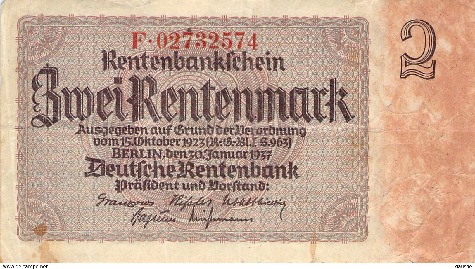 2 Rentenmark 1937 VF/F (III) Deutschland - 2 Rentenmark