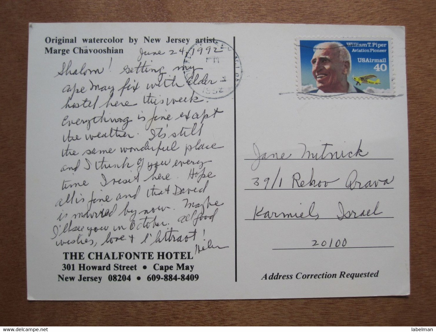 CHALFONTE HOTEL NEW JERSEY CAPE MAY BUILDING USA UNITED STATES CARD ANSICHTSKARTE CARTOLINA POSTCARD PC STAMP - Evanston