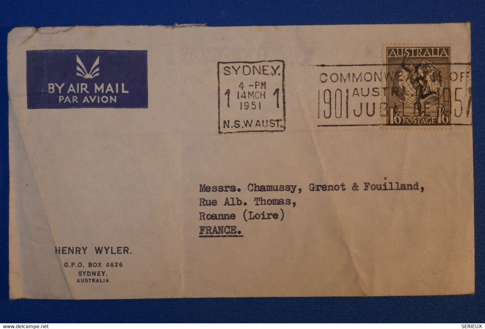 I 12 AUSTRALIA BELLE LETTRE 1951  PAR AVION SYDNEY POUR ROANNE FRANCE + AFFRANCHISSEMENT PLAISANT - Storia Postale