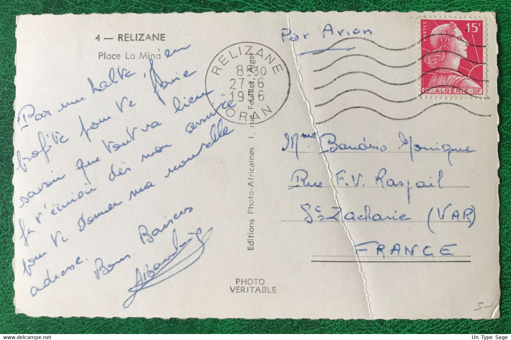 Algérie N°329 Sur Carte Postale, TAD RELIZANE, Oran 27.6.1956 - (B399) - Briefe U. Dokumente