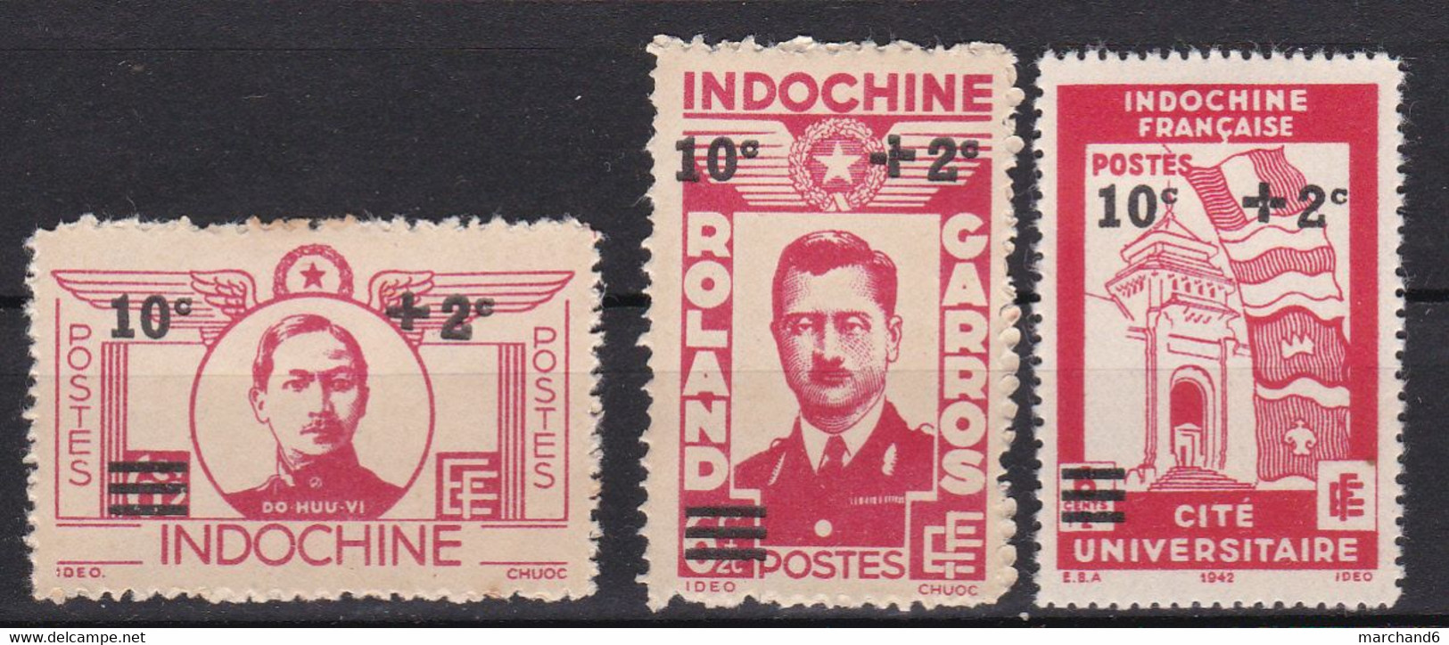 Indochine Timbres De 1943-44 Héros De Aviation Do Huu Vi Roland Garros Cité Universitaire N°276-277-280 Neuf* Charnière - Nuevos